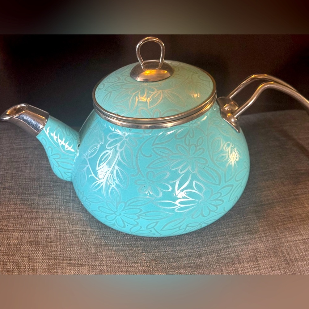 Rataly sky blue floral decorated enamel tea pot made in turkey